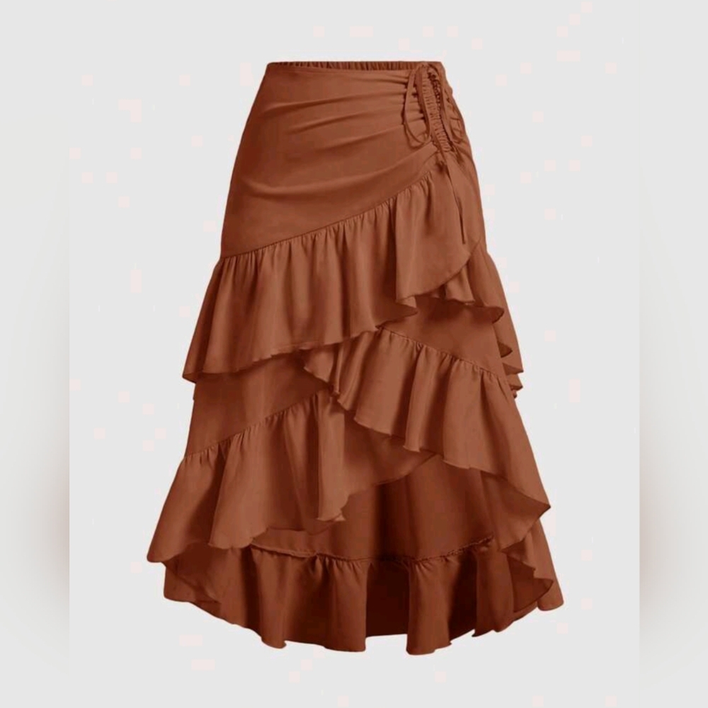 Bohemian Western Skirt Cinch Ruched Drawstring Brown Terracotta Rodeo Skirts - Picture 1 of 11